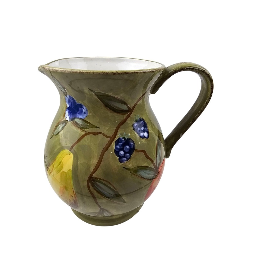 SBR Hand Painted Ceramic Fruit‎ Pitcher Green Pear Apple Berry Farmhouse Decor